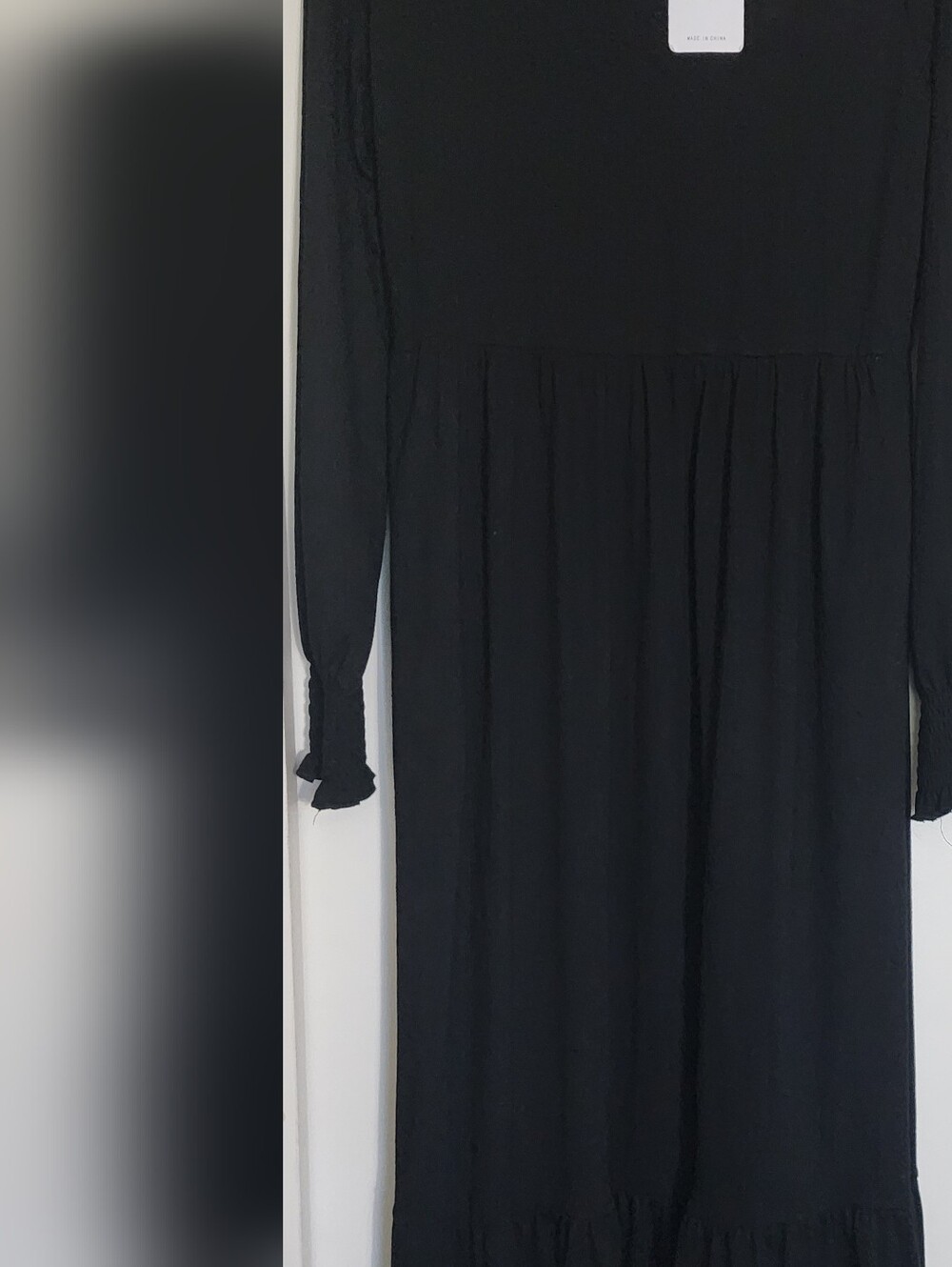 Elegant Black Long-Sleeve Maxi Dress with Smocked Details